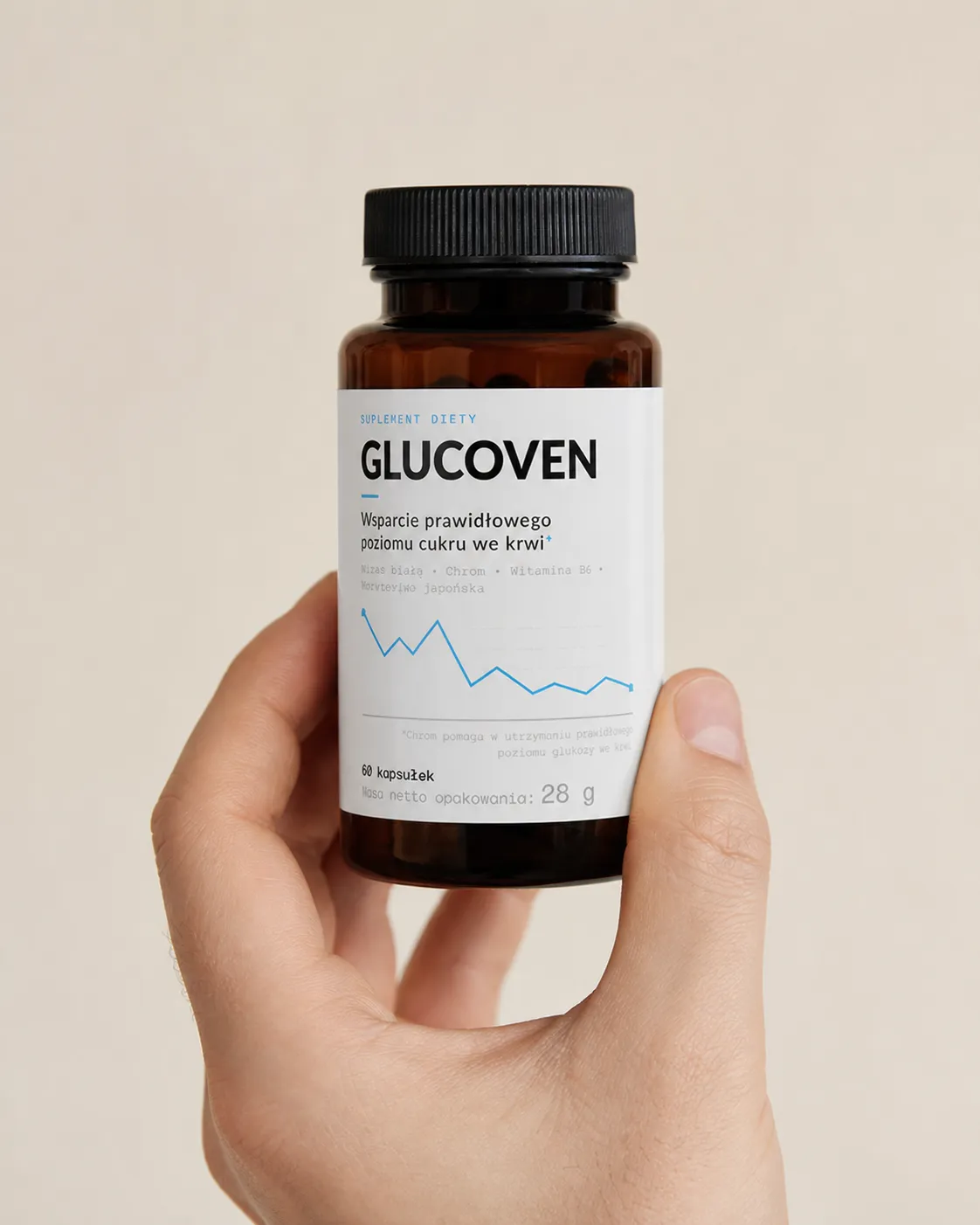 Glucoven — opakowanie w dłoni